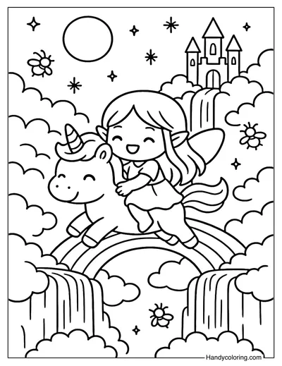 Fairy with Unicorn Coloring Page