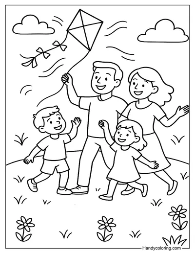 Family Kite Flying Coloring Page