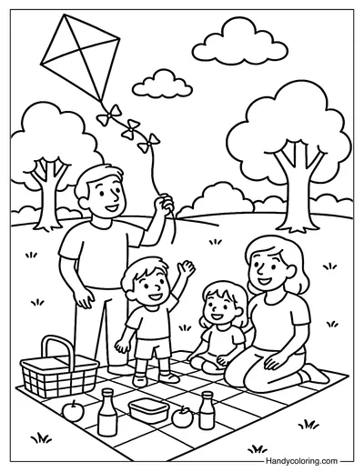 Family Kite Picnic Coloring Page