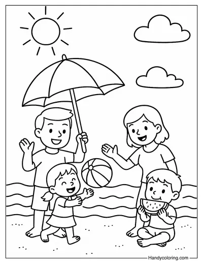 Family on The Beach Coloring Page