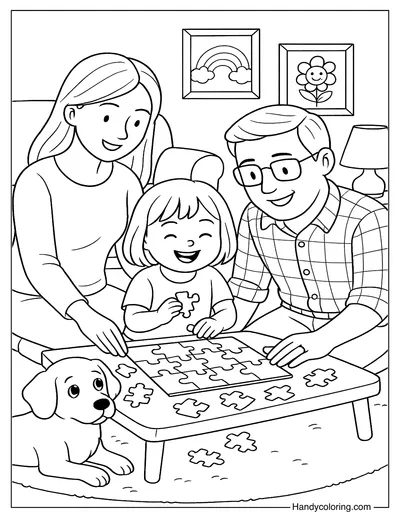 Family Puzzle Game Night Coloring Page