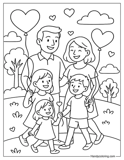 Family with Balloons Coloring Page