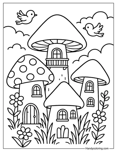 Fantasy Mushroom Village Coloring Page