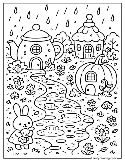 Fantasy Rainy Village Coloring Page
