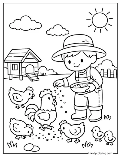 Farmer Feeding Chickens for Kids