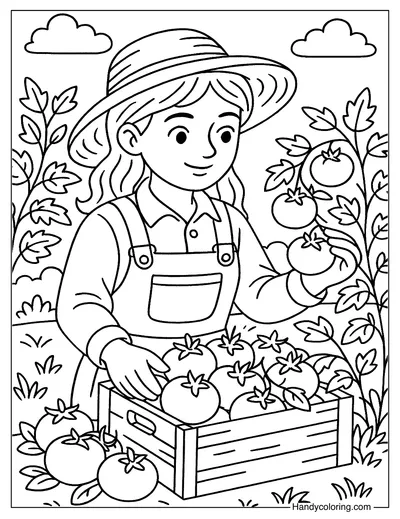 Farmer Girl Harvesting Tomatoes Coloring Page