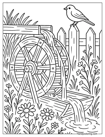 Farmhouse Water Wheel Coloring Page