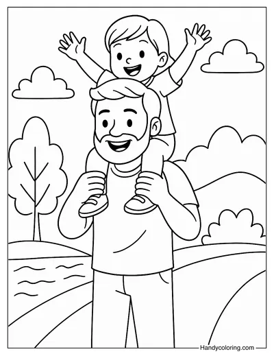 Father Carrying Child on Shoulders Coloring Page