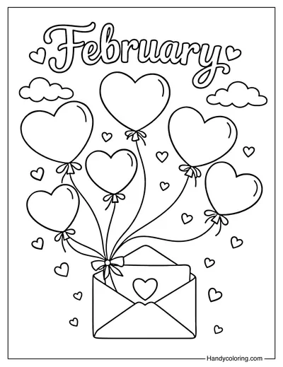 February Balloon Hearts Coloring Page