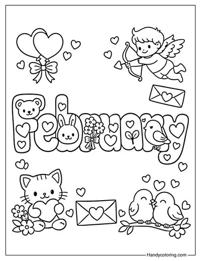 February Collage Card Coloring Page