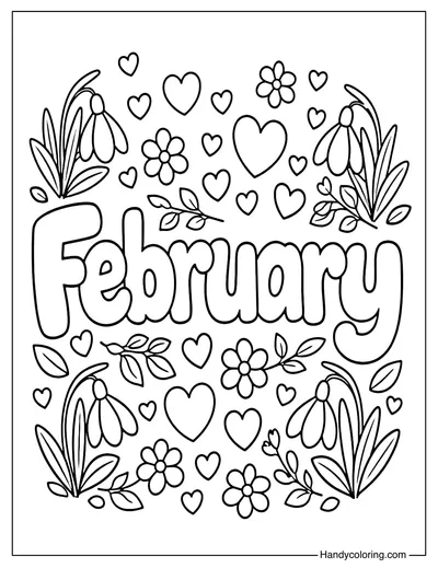 February with Hearts and Flowers Coloring Page