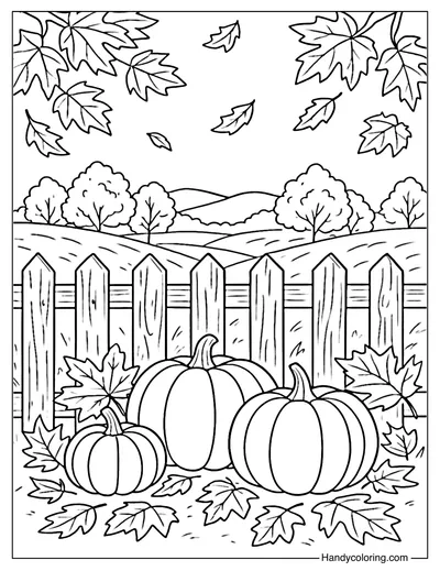 Fence with Autumn Leaves Coloring Page