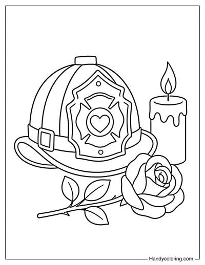 Firefighter Helmet with Candle and Rose