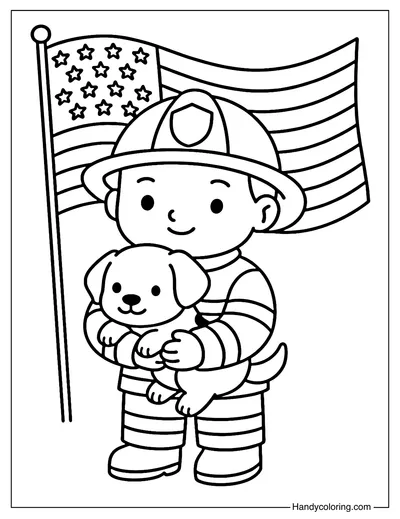 Firefighter Hero with Dog Coloring Page