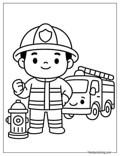 Firefighter with Fire Truck Coloring Page