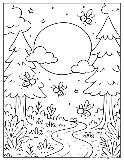 Fireflies Around the Moon Coloring Page