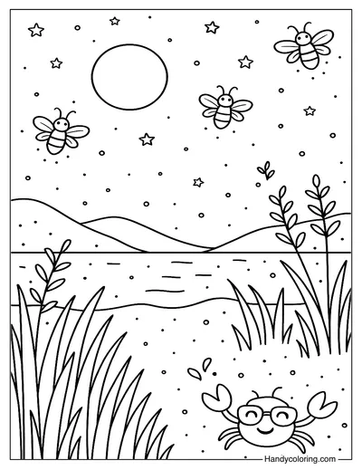Fireflies at Summer Night Coloring Page