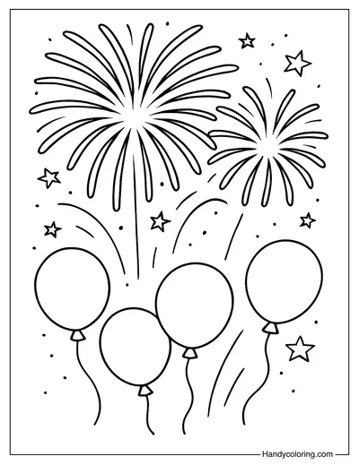 Fireworks and Balloons Coloring Page