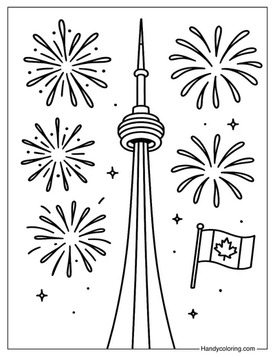 Fireworks and CN Tower Coloring Page