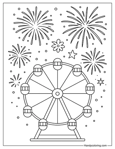 Fireworks and Ferris Wheel Coloring Page