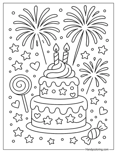 Fireworks and Sweet Cake Coloring Page