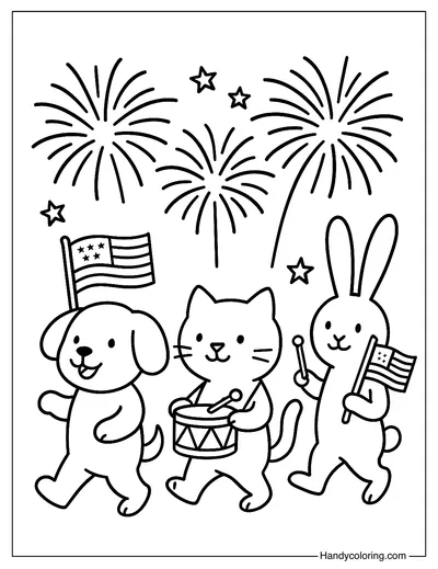 Fireworks Friends Parade Coloring Page