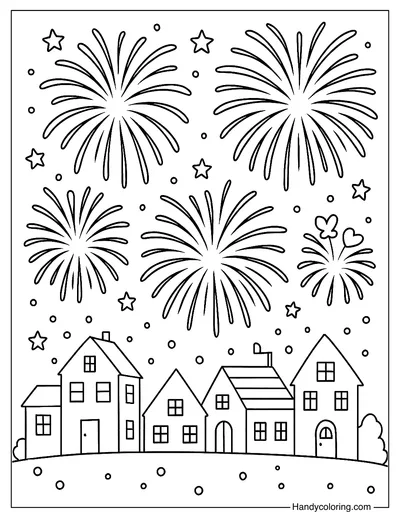 Fireworks Over a Small Town Coloring Page