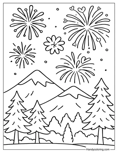 Fireworks Over Mountain Landscape Coloring Page