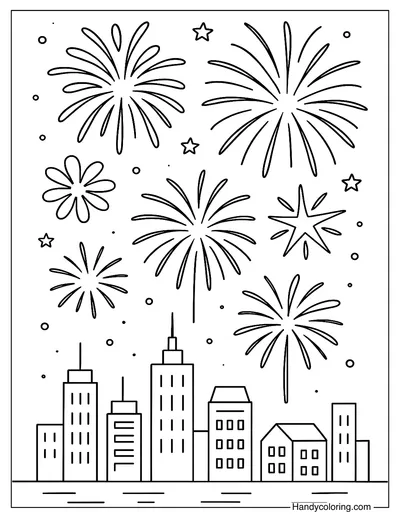 Fireworks with City Skyline Coloring Page