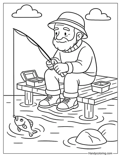 Fishing at Wooden Dock Coloring Page