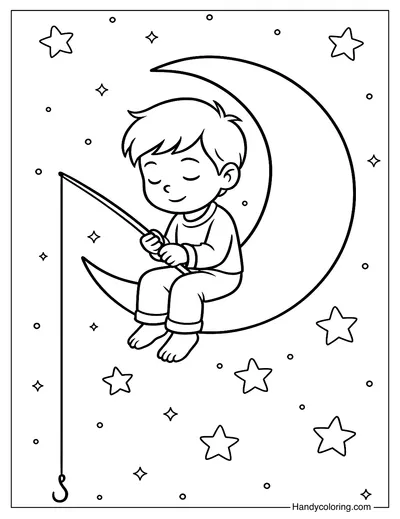 Fishing Boy on the Moon Coloring Page