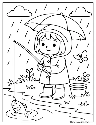 Fishing in the Rain Coloring Page