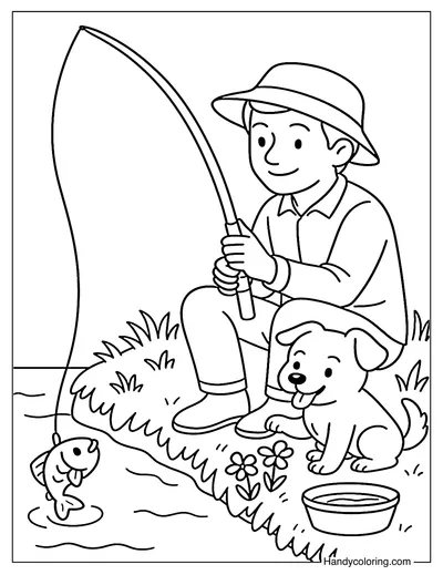 Fishing with Pet Dog Coloring Page