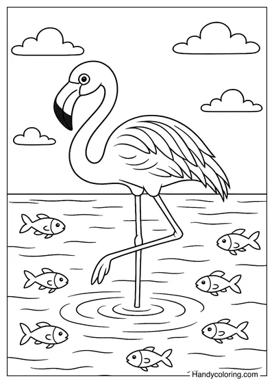 Flamingo and Fish Coloring Page