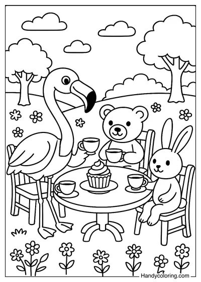 Flamingo Enjoys Tea and Cakes with Friends to Color