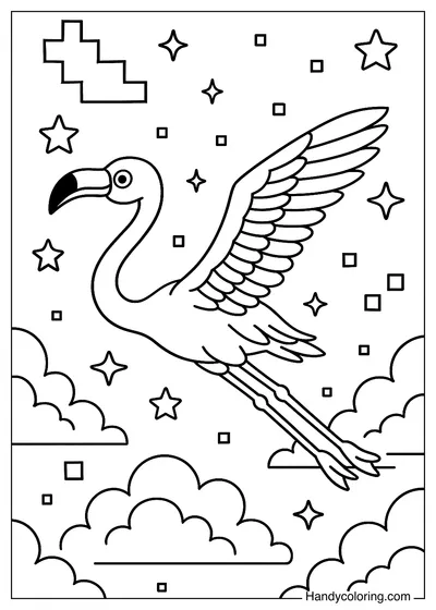 Flamingo Flying Among the Clouds and Stars in a Virtual Space
