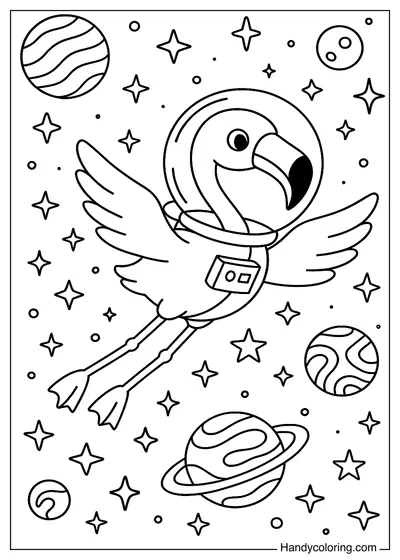 Flamingo Flying in Space Coloring Sheet