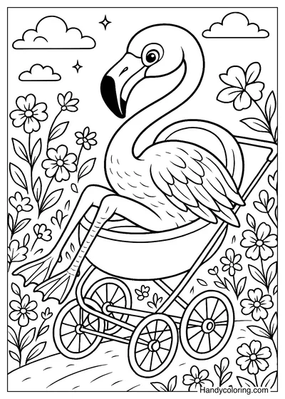 Flamingo Sitting on a Stroller in the Flower Garden