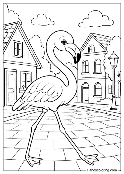 Flamingo Walking on the Street Coloring Sheet
