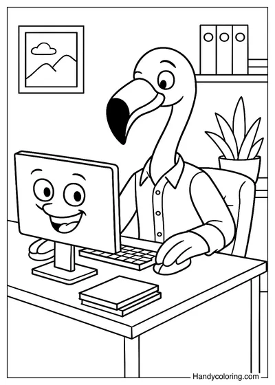Flamingo Working in the Office Coloring