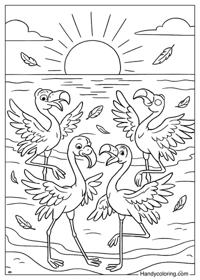 Flamingos Dancing on the Beach Coloring Book