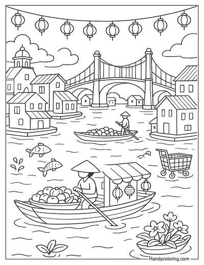 Floating Market Metropolis City Coloring Page