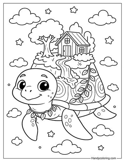 Floating Turtle Island Coloring Page