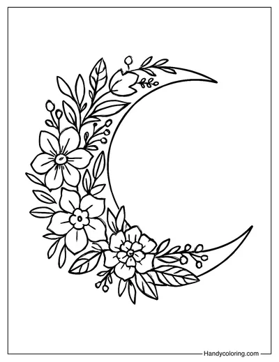 Floral Crescent Moon Coloring Page