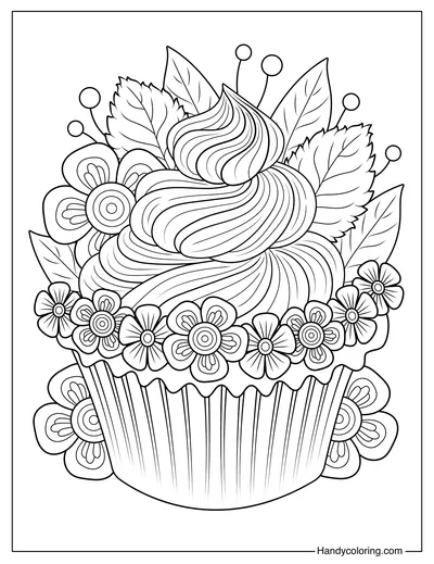 Floral Cupcake Coloring Page