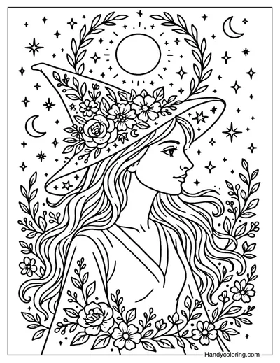 Floral Galaxy Witch Coloring Page