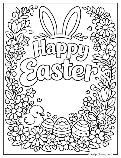 Floral Happy Easter Coloring Page