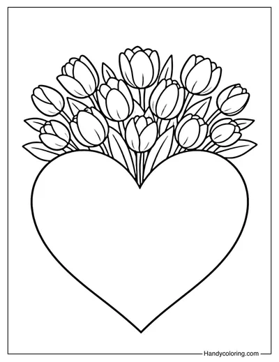 Floral Heart with Tulips Coloring Page