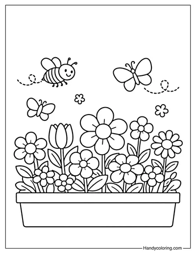 Flower Bed with Bee and Butterflies Coloring Page