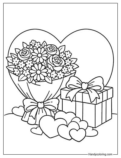 Flower Bouquet with Gift and Hearts Coloring Page
